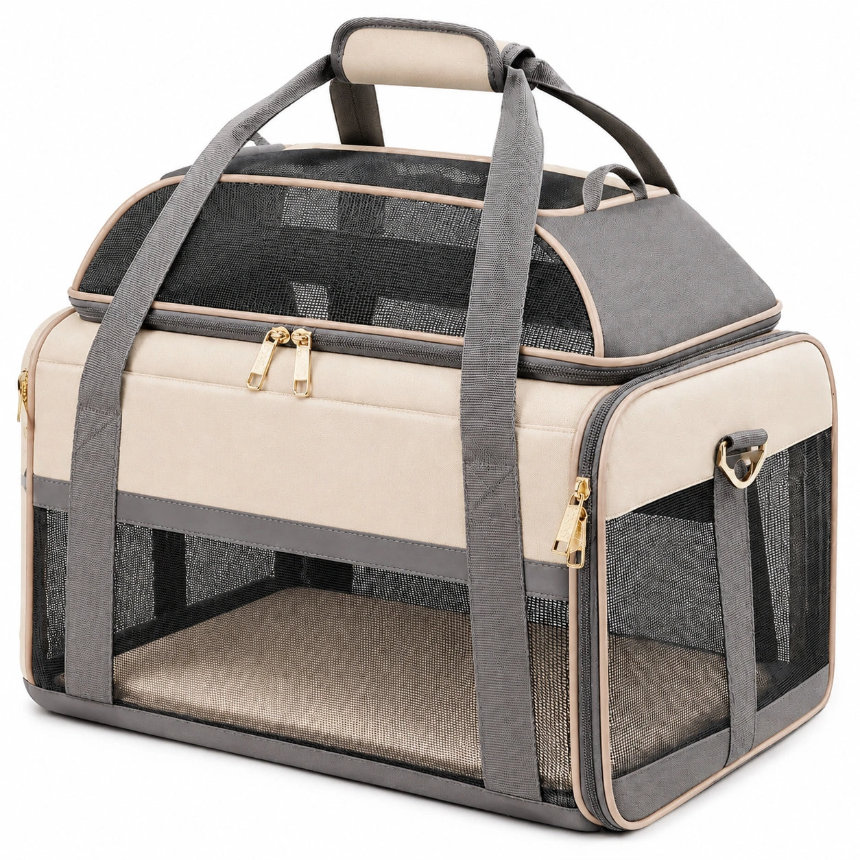 Bolsa transportín para mascotas 45 cm de poliéster beige y gris con malla plegable