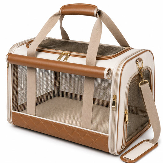 Transportín para mascotas 45 x 28 x 30 cm de tejido y malla beige y marrón plegable