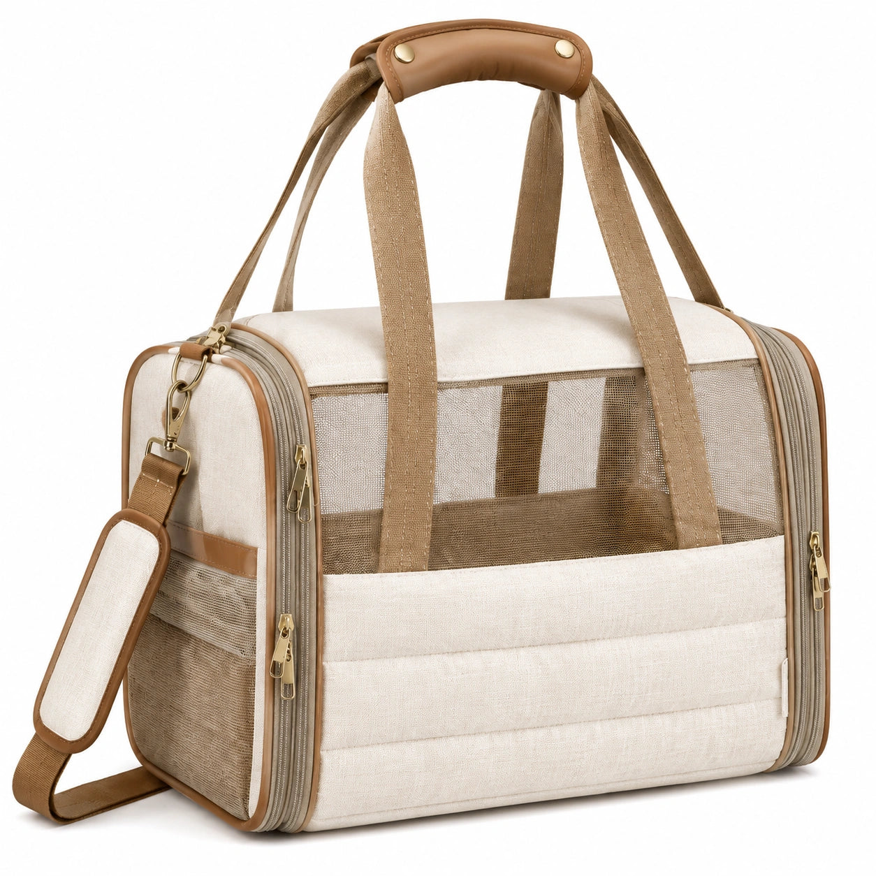 Bolso transportín para mascotas 45 x 28 x 30 cm de tela beige y marrón con malla ventilada