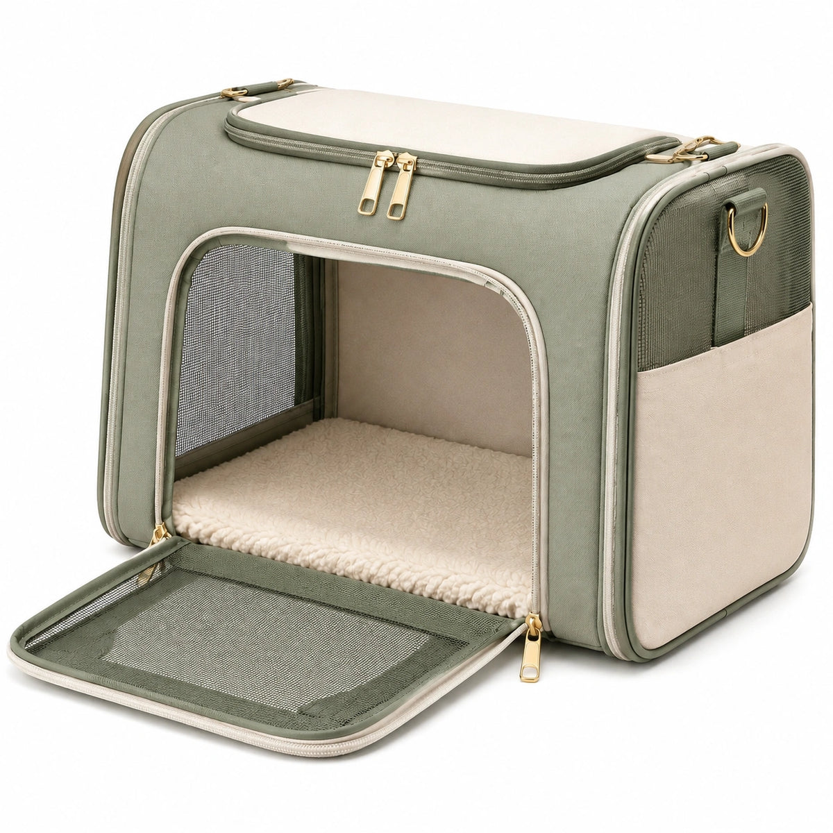 Transportín para mascotas 45 x 30 x 30 cm de poliéster verde con malla y apertura con cremallera