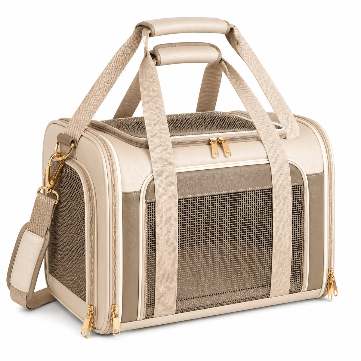Bolsa transportín para mascotas 45 x 28 x 30 cm de poliéster beige con rejilla y correa ajustable
