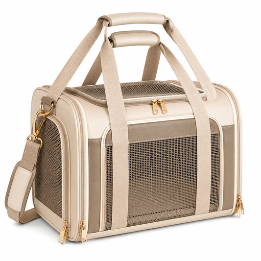 Bolsa transportín para mascotas 45 x 28 x 30 cm de poliéster beige con rejilla y correa ajustable