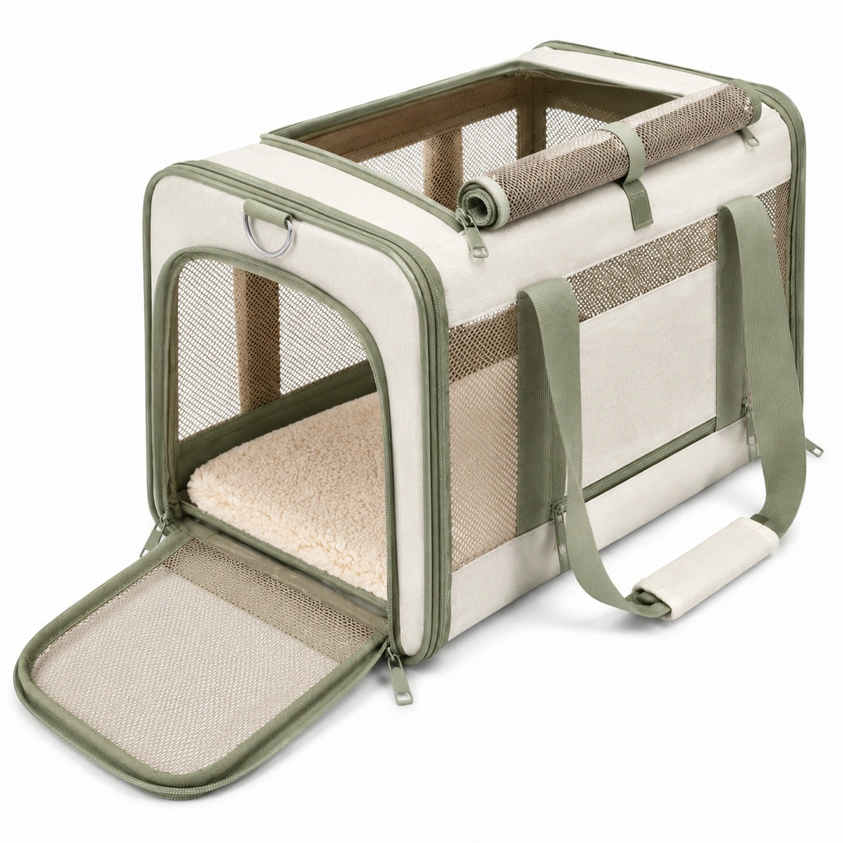 Transportín para mascotas 45 x 28 x 28 cm de tela beige y verde con malla plegable