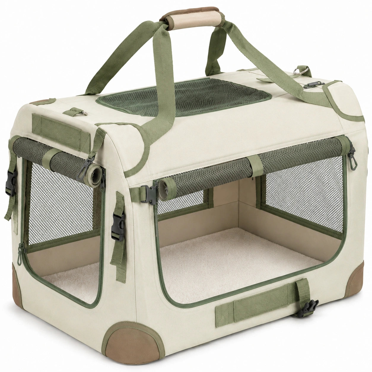 Transportín plegable para mascotas 60 x 42 x 42 cm - poliéster beige y verde con malla ventilada