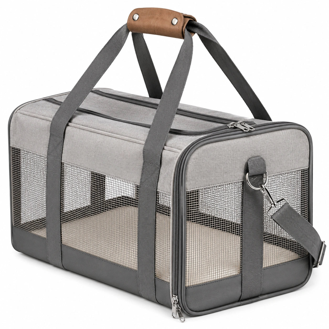 Transportín para mascotas 50 x 30 x 30 cm de tela gris con malla transpirable plegable