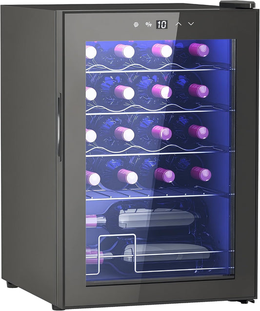 HOMCOM Chłodziarka do wina, 53 l, Czarny – oświetlenie LED, kompresor, ochrona UV, Winiarnia elektryczna – 20 butelek, 5 do 18°C