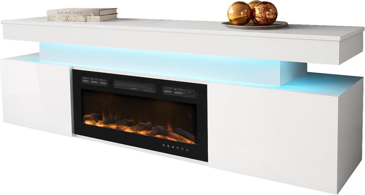 Ławka Mirjan24, 16 mm, 240 V – 1600 W, Biały, MDF, oświetlenie LED – Szafa TV 2D, realistyczny płomień LED
