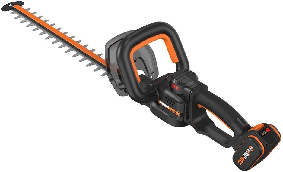 WORX Nożyce do żywopłotu, WG263E, 20 V, 4 Ah – 56 cm, Czarny/Pomarańczowy, praca bezprzewodowa, bezszczotkowy silnik – ostrza podwójne)