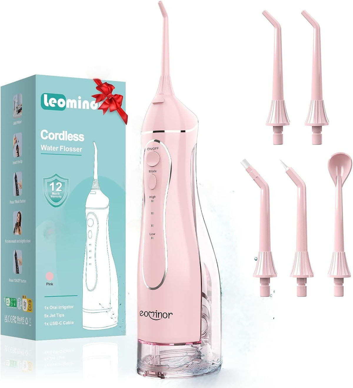 Leominor Nawadniane i napędzane wodorem, IPX7, 300 ml – Różowy, IPX7 wielokrotnego ładowania, Dental hydropulent do zębów, zbiornik
