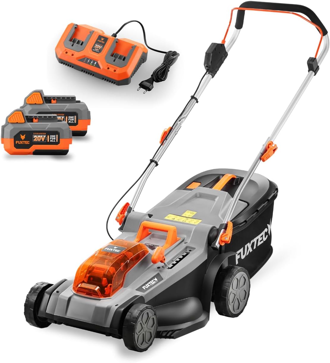 Kosiarki rotacyjne Fuxtec, E2RM37, 37 cm, 40 V – 40 l, Czarny, praca bezprzewodowa, E2RM37 Ładowarka – Bateria, 2x20 V