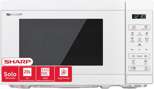 Kuchenka mikrofalowa SHARP – YC-MS02E-C, 20 L, 800 W, Biały/Czarny – oświetlenie LED, YC-MS02E-C 20L, kryształowa biel, sterowanie cyfrowe