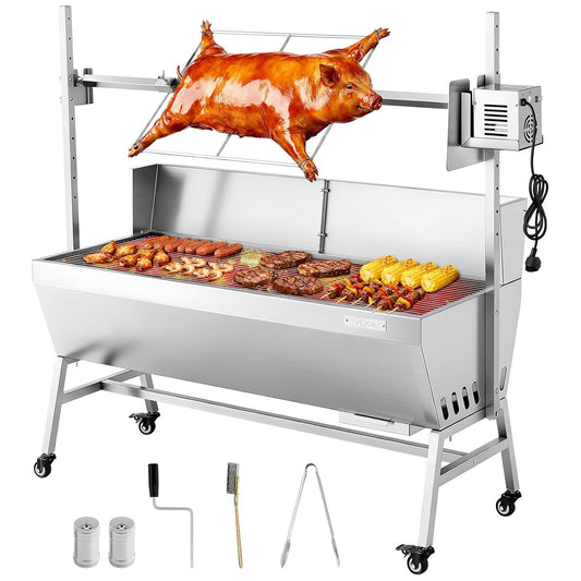 VEVOR Grill, 38 W, 60 kg, 1420 x 535 x 1305 mm – Srebrny, stal nierdzewna, na zewnątrz, 4 poziomów – drewno, dla Lamb Porcelet