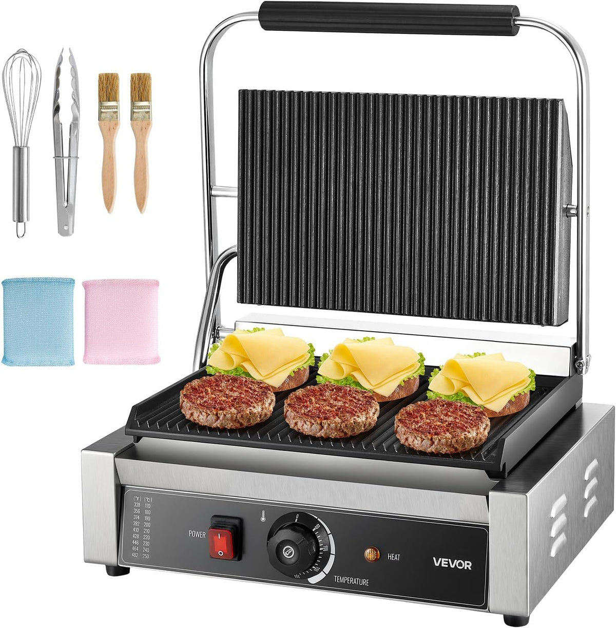 VEVOR Grill, 34x23 cm, 2200 W, Srebrny – stal nierdzewna, elektryczny, Panini, Panini i Croquemons – 2 strefy temperatur
