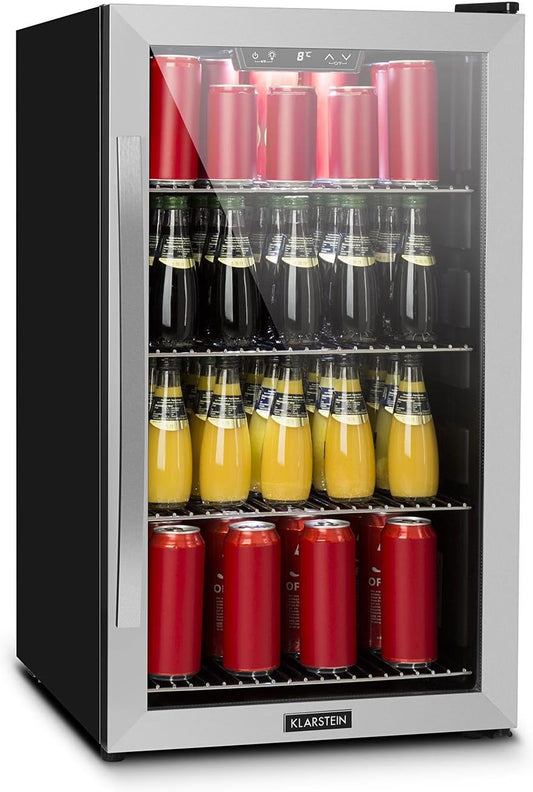 Lodówka Klarstein, 124 l, 47 x 63 x 52,5 cm – 21 kg, Srebrny/Czarny, stal nierdzewna, oświetlenie LED – Beersafe XL na napoje - szklane drzwi