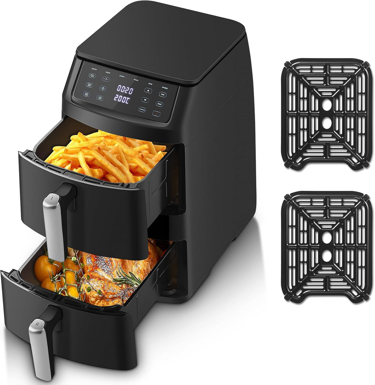 Frytkownica beztłuszczowa TopStrong, air fryer, 11 l, 2500 W – Czarny, 2 szuflad, oświetlenie LED, 6 programów – 40 do 220°C, 11 l Wolne oleje pionowe