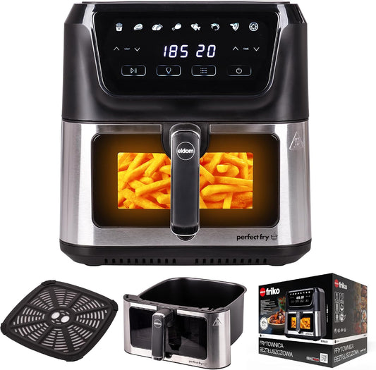 eldom Frytkownica beztłuszczowa, air fryer, FR60, 8 l – 1700 W, Czarny, oświetlenie LED, 8 programów – 80 do 200°C, licznik, cyfrowy wyświetlacz LED