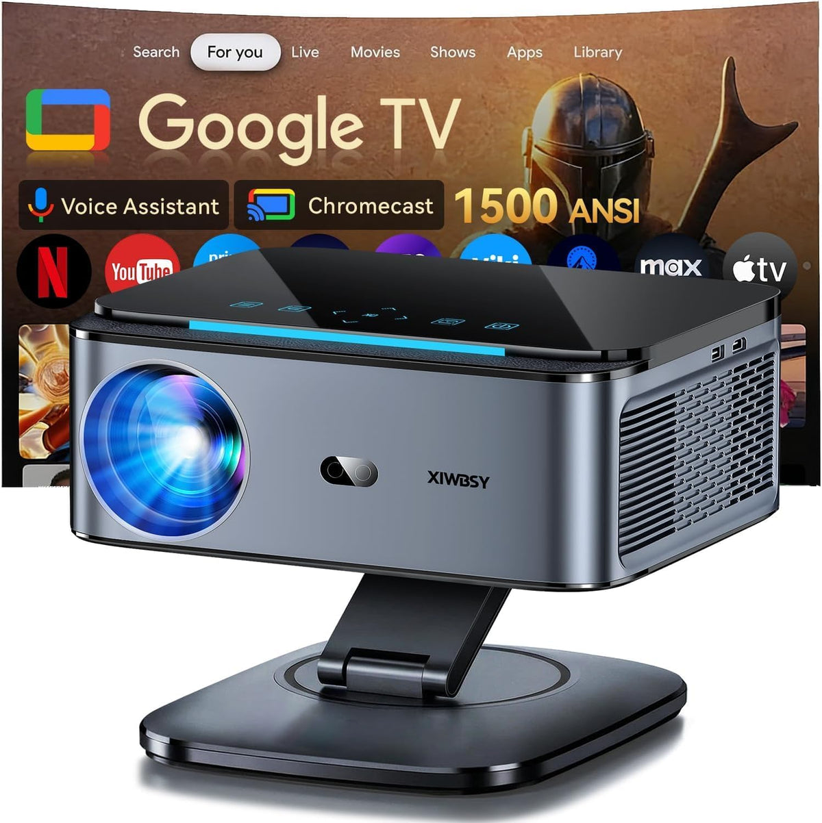 XIWBSY Projektor, Czarny, Bluetooth, Wi-Fi – praca bezprzewodowa, Google WiFi6 Smart TV, 4K UHD, Full HD – 4K wideo Kontrola wokalna