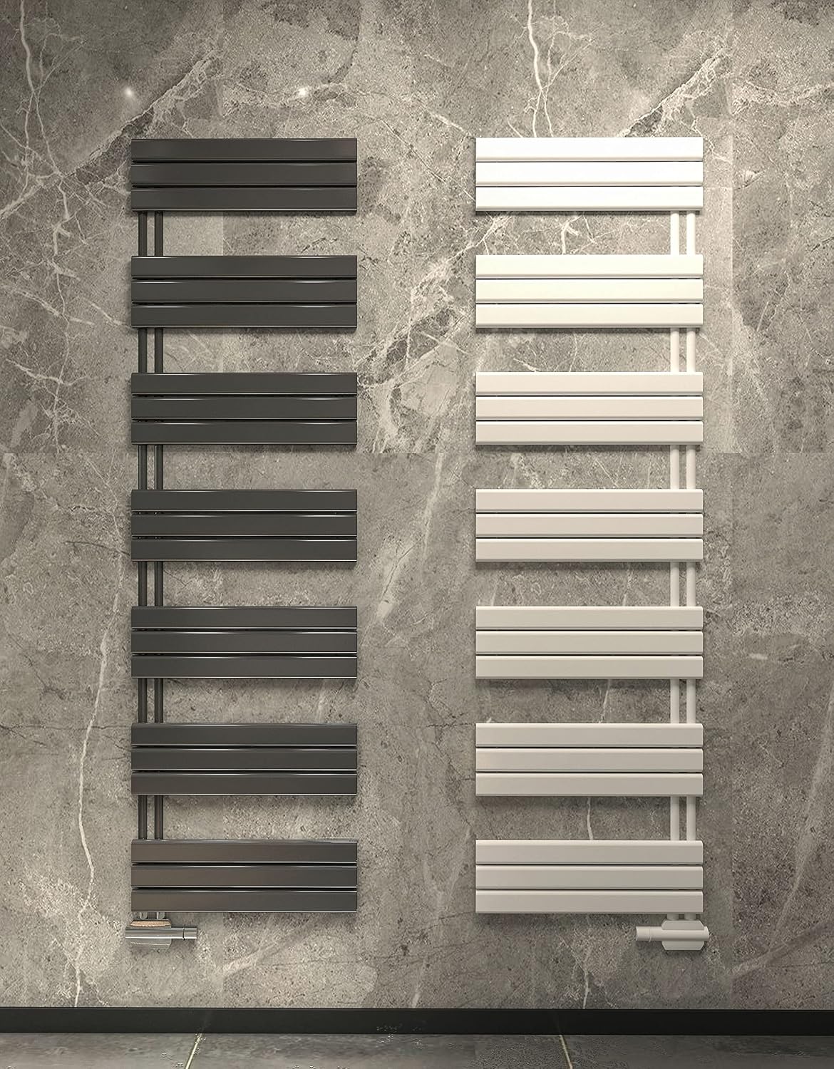 MCHeat Grzejniki – 500 x 1400 mm, Czarny/Biały, MC Heat grzejnik łazienkowy, biały podgrzewacz na ręczniki – z przesuniętym przyłączem środkowym