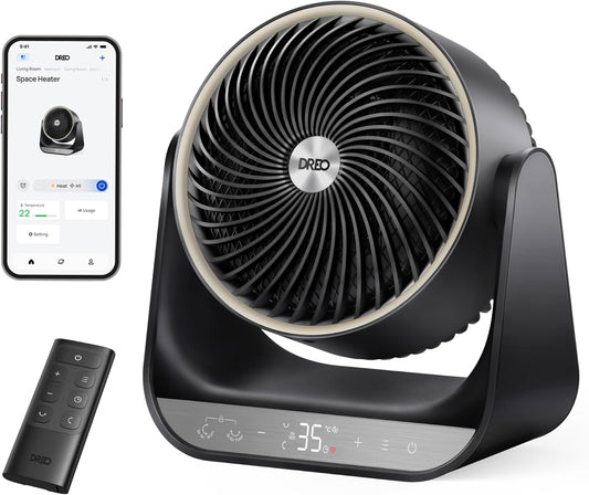 Grzejnik elektryczny DREO, 714S – 1500 W, 34 dB, Czarny, Inteligentny termostat 714S – przenośne ogrzewanie dla całego pokoju, czarne, 7 trybów