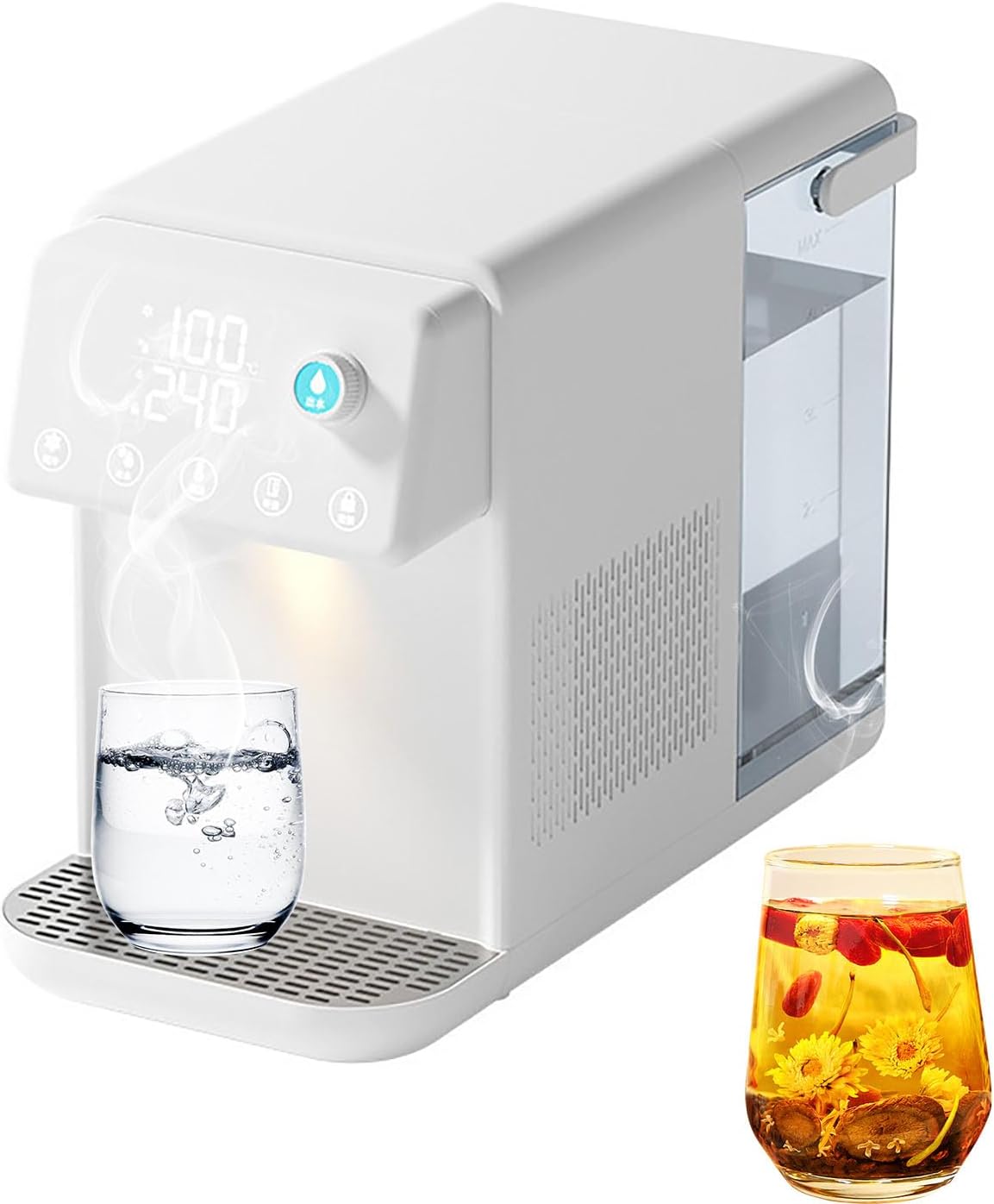 Dystrybutor gorącej wody, 20 × 39 × 30 cm – 150 ml, 2000 W, Biały, czajnik elektryczny – 25 do 100°C, 2 strefy temperatur, 12 Ustawienia temperatury