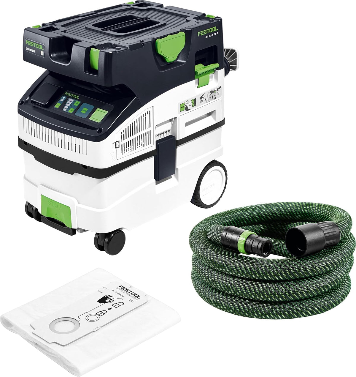 Odkurzacz Festool – 32 x 3,5 m, 12,80 kg, Czarny, Bluetooth – pilot zdalnego sterowania, CLEANTEC CTM MIDI I, przemysłowe