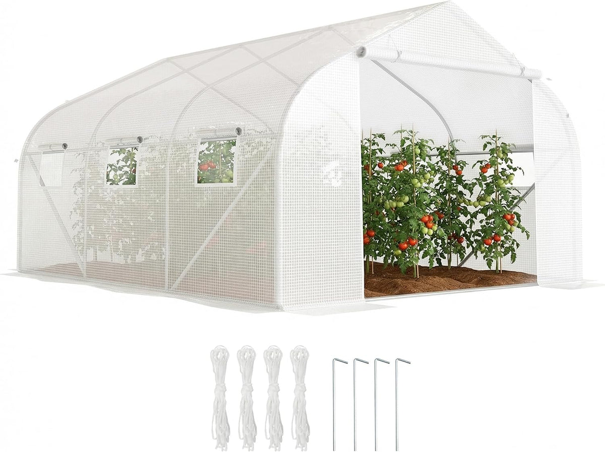 Outsunny Szklarnie, 4,45 x 2,99 x 2,05 m – Biały, metal, ochrona UV, Szklarnia foliowa – szklarnia na pomidory z ochroną UV, okno z siatki