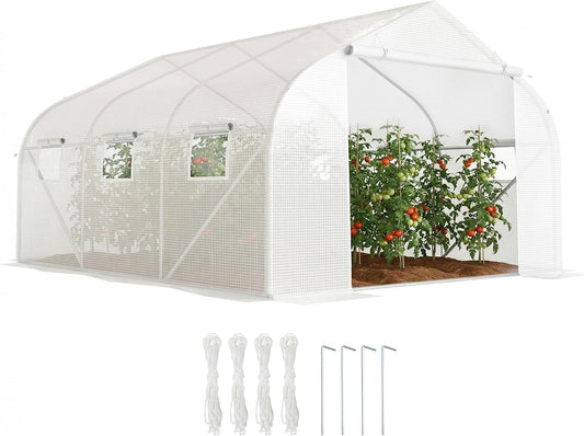 Outsunny Szklarnie, 4,45 x 2,99 x 2,05 m – Biały, metal, ochrona UV, Szklarnia foliowa – szklarnia na pomidory z ochroną UV, okno z siatki