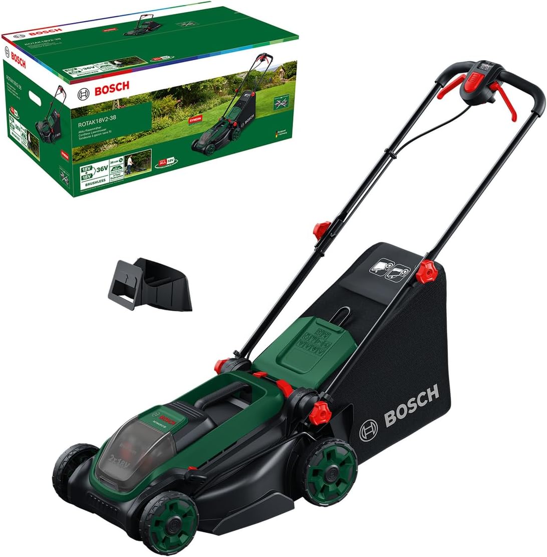 Bosch Kosiarki i traktorki, ROTAK18V2-38, 38 cm – 40 l, 3 W, Zielony/Czarny, 3 w 1 – Kosiarka akumulatorowa ROTAK18V2-38 (szerokość cięcia: 38 cm