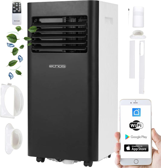 Echos Klimatyzator przenośny – klimatyzator mobilny, 3 W, 9000 BTU, 33 x 34 x 71 cm – Czarny/Biały, Wi-Fi, pilot zdalnego sterowania, timer – 3 w 1