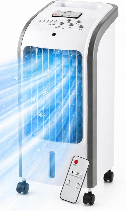 Klimatyzery ewaporacyjne O'FRESH, Biały, Odświeżający – mobilny, poruszające się koła, minutnik, tłumik – Przenośne dzięki jego koła
