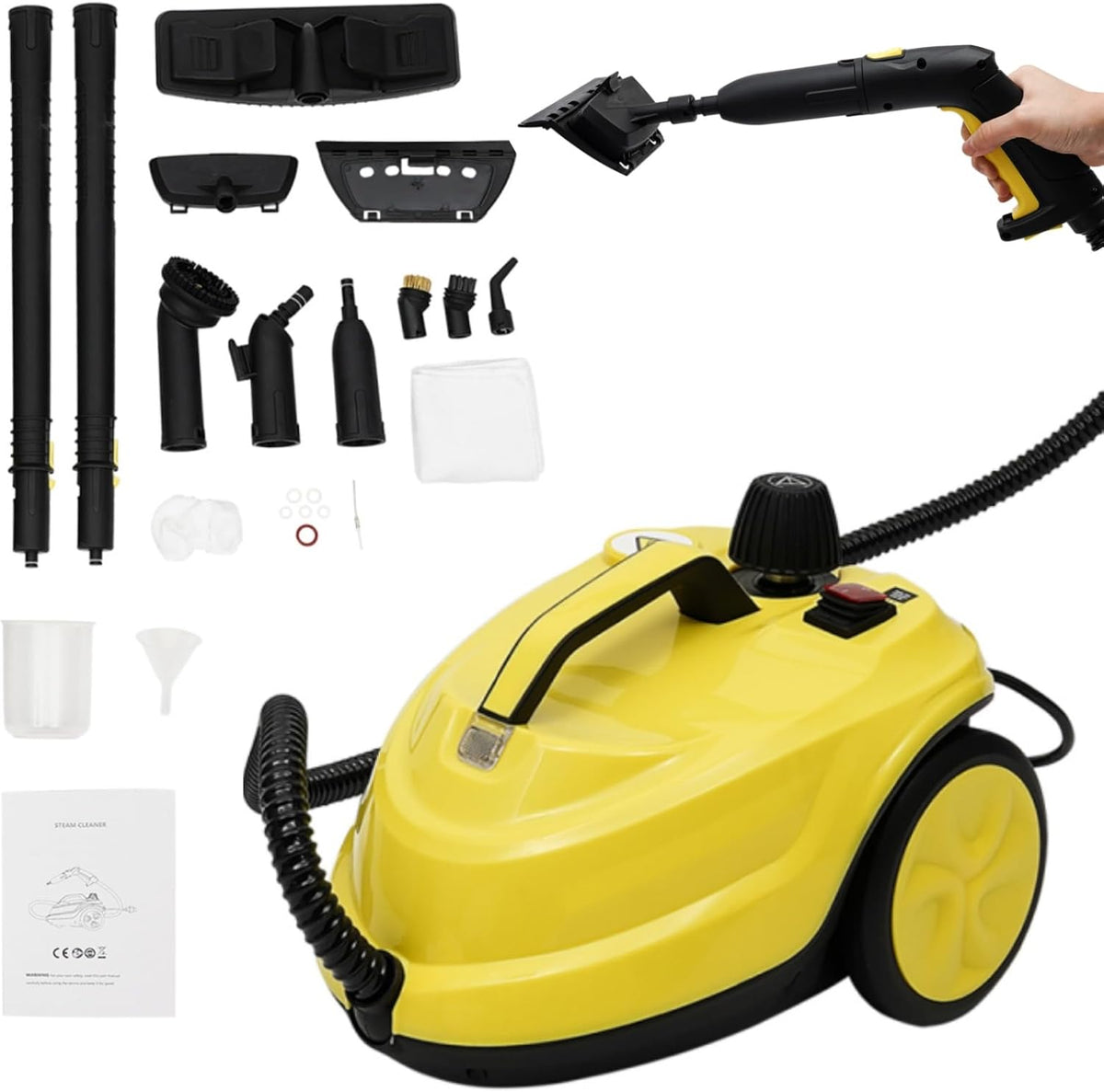 DAOHHFO Myjka parowa, 1.8 l, 2000 W, 47 x 31,5 x 33,5 cm – Czarny, Czyszczenie parowe, przenośne, duży zbiornik – zużycie podłogi