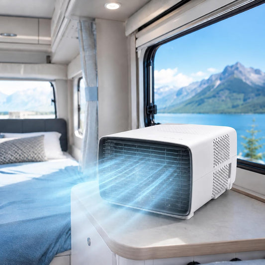 Klimatyzator Huachorial, 280 W – 45 dB, 2700 BTU, Biały, pilot zdalnego sterowania – przenośny, tłumik, kemping, osuszacz z pilotem