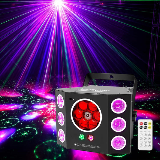 MetYonLaser Projektor, 4 W, Czerwony / Zielony – oświetlenie LED, DJ światła, 4 w 1 LED światła stroboskopowe i zielony czerwony efekt Gobos