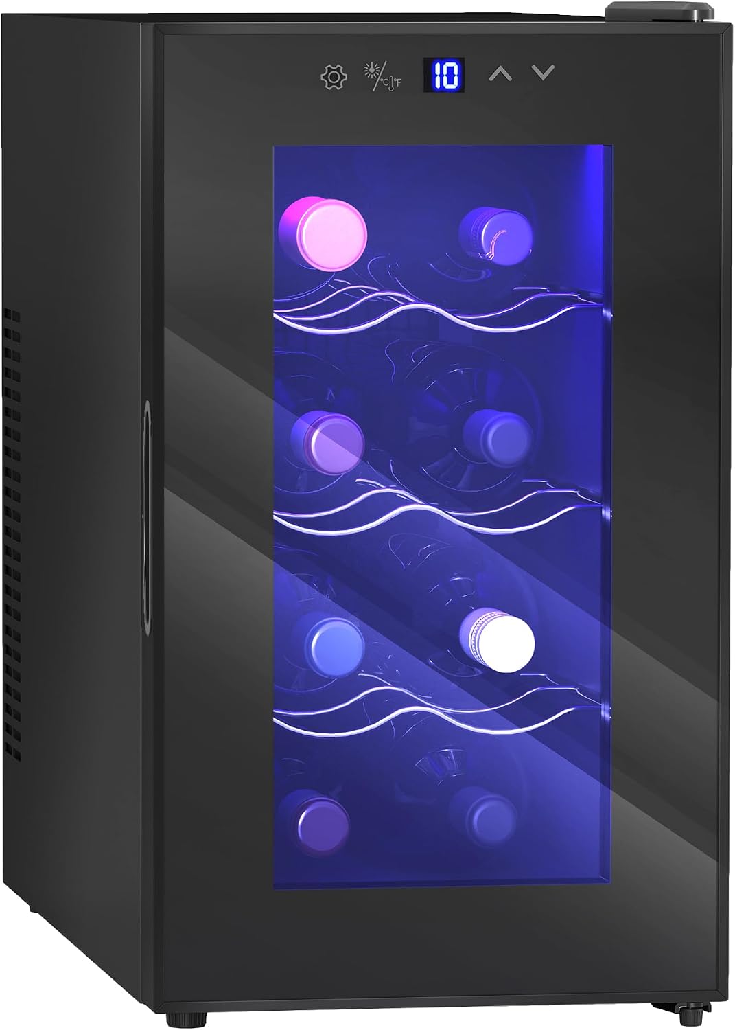 Chłodziarka do wina HOMCOM – 21 l, 35 dB, 9 cm, Czarny – metal, oświetlenie LED, Piwnica elektryczna, 8 butelek – 8 do 18°C, 2 strefy temperatur