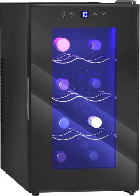 Chłodziarka do wina HOMCOM – 21 l, 35 dB, 9 cm, Czarny – metal, oświetlenie LED, Piwnica elektryczna, 8 butelek – 8 do 18°C, 2 strefy temperatur