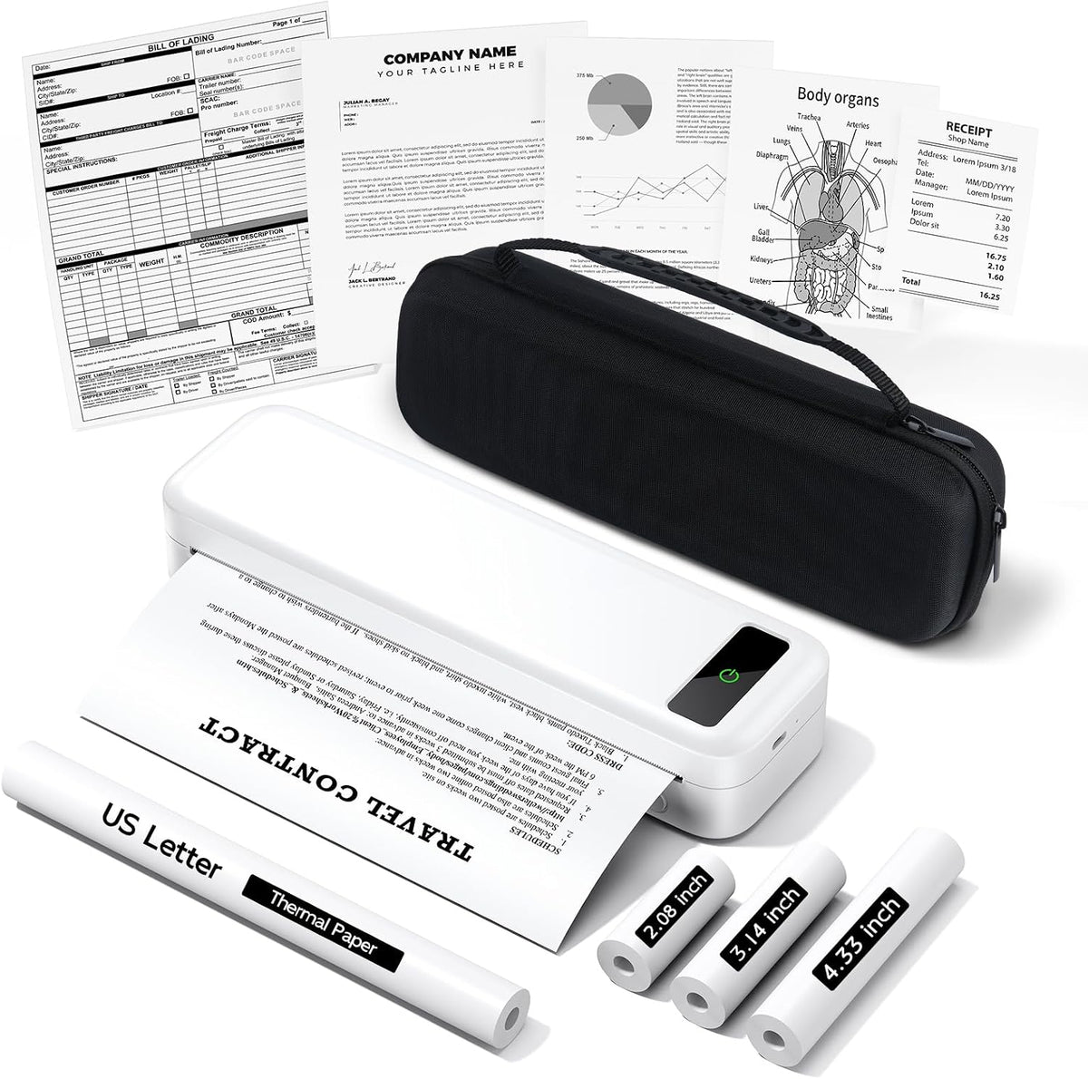 Drukarki paragonów TATTMUSE – 110 mm, Biały/Czarny, USB, Bluetooth – praca bezprzewodowa, Bezatramentowa, do Podróży i Biura z Torbą i 3 Rolkami