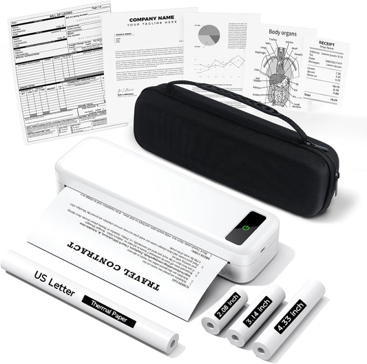 Drukarki paragonów TATTMUSE – 110 mm, Biały/Czarny, USB, Bluetooth – praca bezprzewodowa, Bezatramentowa, do Podróży i Biura z Torbą i 3 Rolkami