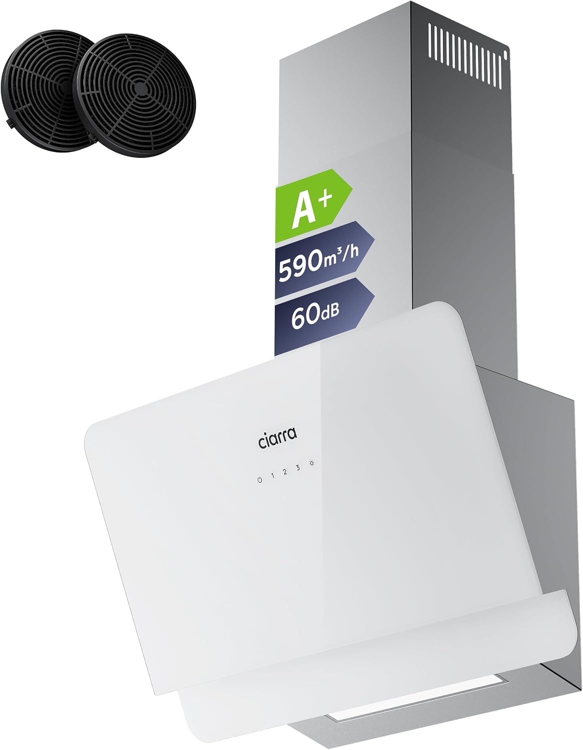 CIARRA Okap kuchenny, CBCSS6765C – 60 cm, 60 dB, Srebrny / Biały, CBCSS6765C CBCF055 – 590m3 / h, klasa energetyczna A, przechył