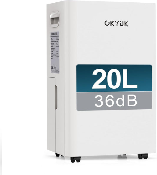 OKYUK Osuszacz powietrza, 20 l – 60 m, 36 dB, Biały, Osuszacz – 20 l / dzień, osuszacz biały, do domu 60 m2 z automatycznym zatrzymaniem, 10 lat