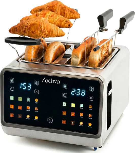 ZACHVO Toster – 7 cm, Srebrny, stal nierdzewna, funkcja grilla – 2 pola grzewcze, 6 programów, free point, dotyk – 2 Strefy niezależne
