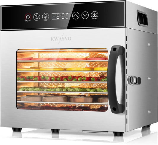 Kwasyo Suszarka do żywności, 30.5 x 31 x 40,5 cm – 10 l, 600 W, Srebrny, oświetlenie LED – Cyfrowy zegar, kontrola temperatury