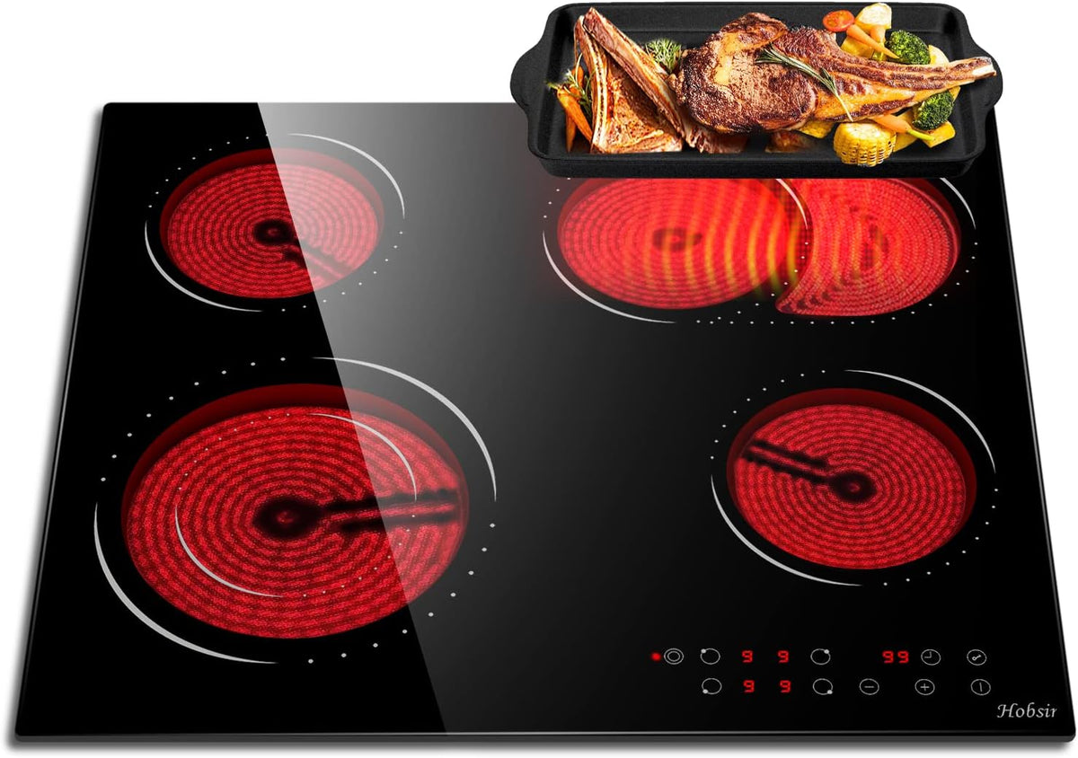 Hobsir hob Płyta grzewcza, 60 cm, 6600 W – Czarny/Czerwony, timer, automatyczne wyłączanie, Hobsir Płyta ceramiczna 4 płyty – sterowanie sensorowe