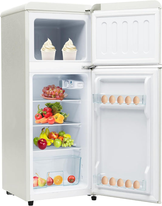 Lodówka ZWJABYY – 92 l, 41 cm, Biały, oświetlenie LED – Zamrażarka, szerokość 41 cm, 28 litrów objętości zamrażarki, 5 cm wysokości – Retro, dwa drzwi