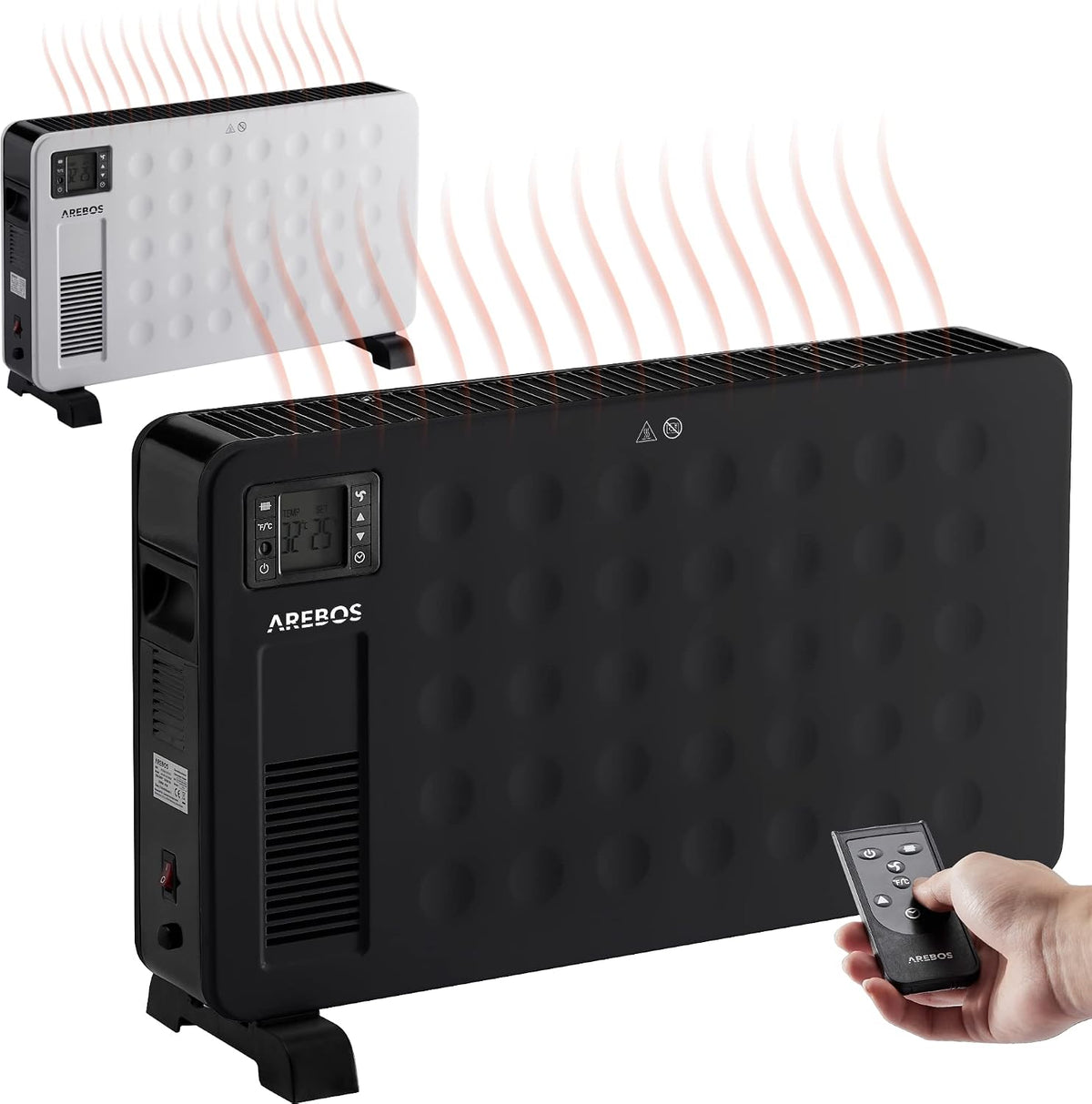 AREBOS Grzejnik elektryczny, 2300 W, 27 m – Czarny, Elektryczny grzejnik, 3 poziomów, cichy – Przenośnik 2300 W