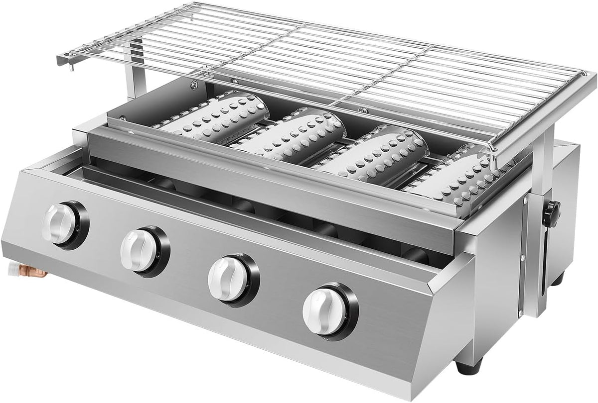 Grill Shiyinge, 57 x 39 x 17,5 cm – 7,4 kg, Srebrny, stal nierdzewna, regulowana wysokość – gazowy ze stali nierdzewnej, 4 palniki, ze zdejmowanym em