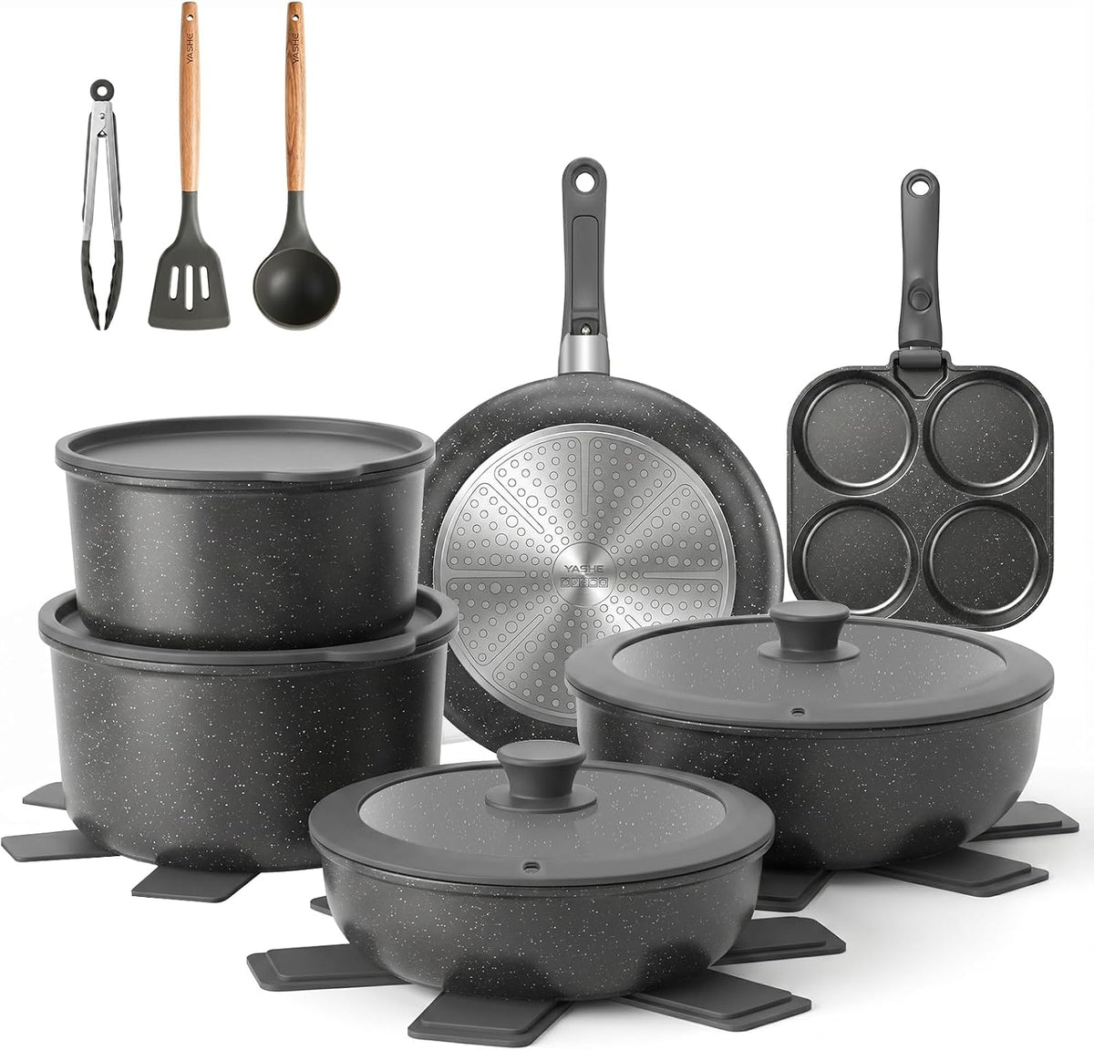 Zestaw garnków i patelni YASHE, 26 cm – Szary, Bateria, bateria z patelni i patelni, 20 sztuk – kuchnia Induction Non- stick